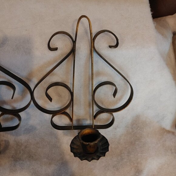 Gold Tone Wrought Iron Wall Candle Sconces - Set of 2 - Picture 3 of 5